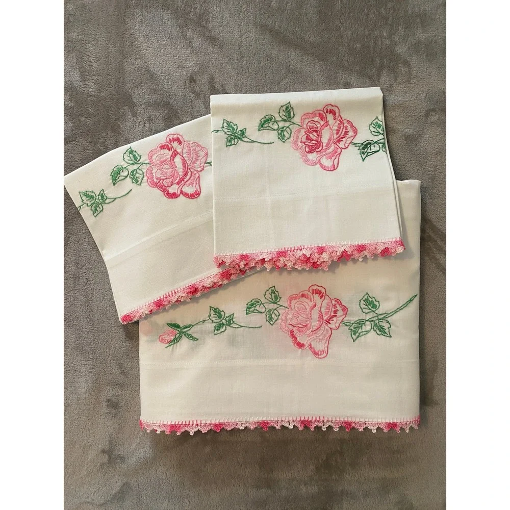 First Lady Sheet Set Full White Pink Rose Embroidered Crochet Trim VTG Muslin